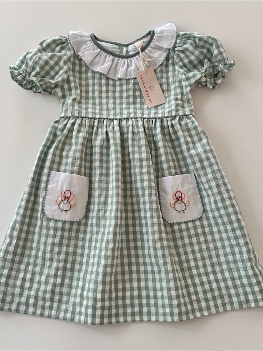 Smockingbird Girls 5 Green Gingham Ruffle Collar Dress Turkey Thanksgiving